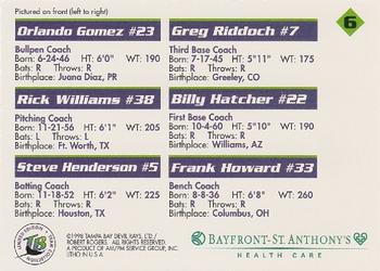 1998 Tampa Bay Devil Rays Stadium Set #6 Devil Rays Coaches (Orlando Gomez, Greg Riddoch, Rick Williams, Billy Hatcher, Steve Henderson, Frank Howard) Back
