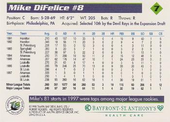 1998 Tampa Bay Devil Rays Stadium Set #7 Mike DiFelice Back