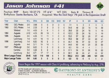 1998 Tampa Bay Devil Rays Stadium Set #12 Jason Johnson Back