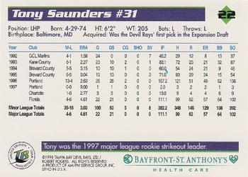 1998 Tampa Bay Devil Rays Stadium Set #22 Tony Saunders Back