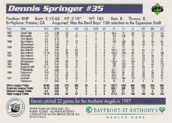 1998 Tampa Bay Devil Rays Stadium Set #25 Dennis Springer Back