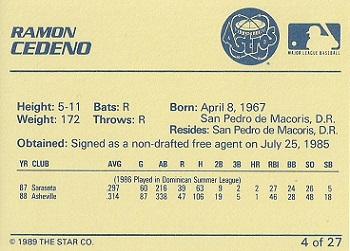 1989 Star Osceola Astros - Platinum #4 Ramon Cedeno Back