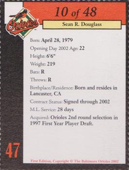 2002 Baltimore Orioles Program Cards #10 Sean Douglass Back