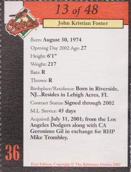 2002 Baltimore Orioles Program Cards #13 Kris Foster Back