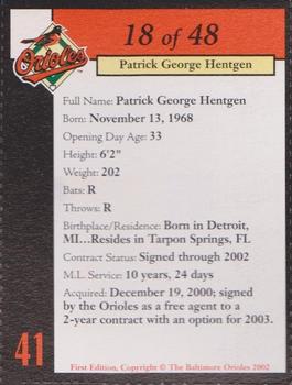 2002 Baltimore Orioles Program Cards #18 Pat Hentgen Back