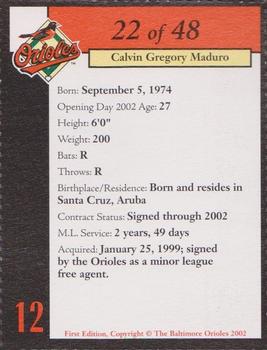 2002 Baltimore Orioles Program Cards #22 Calvin Maduro Back