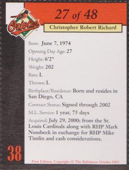 2002 Baltimore Orioles Program Cards #27 Chris Richard Back