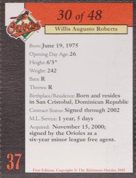 2002 Baltimore Orioles Program Cards #30 Willis Roberts Back