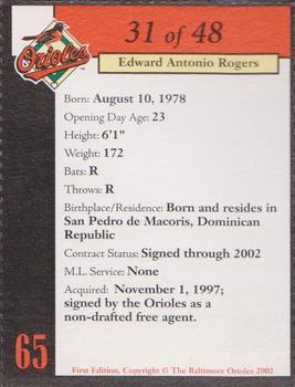 2002 Baltimore Orioles Program Cards #31 Eddie Rogers Back
