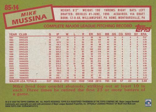2020 Topps 1985 Topps Baseball 35th Anniversary (Series One) 5x7 #85-14 Mike Mussina Back