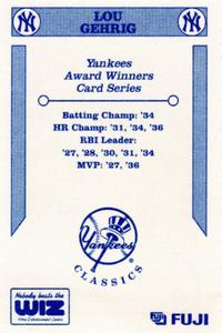 1992 The Wiz New York Yankees Award Winners #NNO Lou Gehrig Back