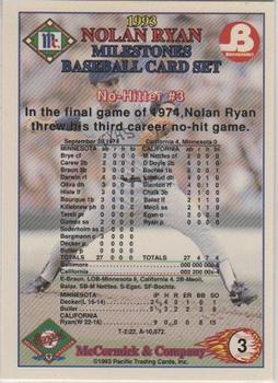 1993 Pacific McCormick Nolan Ryan Milestones #3 Nolan Ryan Back