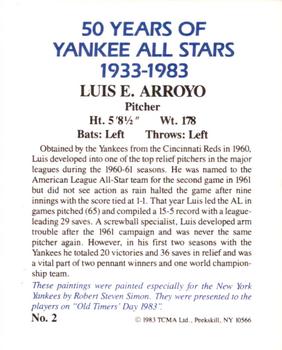 1983 TCMA 50 Years of New York Yankees All-Stars Large #2 Luis Arroyo Back