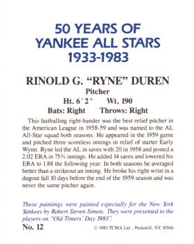1983 TCMA 50 Years of New York Yankees All-Stars Large #12 Ryne Duren Back
