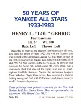 1983 TCMA 50 Years of New York Yankees All-Stars Large #15 Lou Gehrig Back