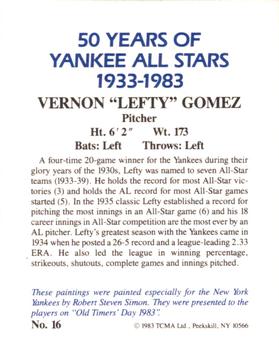 1983 TCMA 50 Years of New York Yankees All-Stars Large #16 Lefty Gomez Back