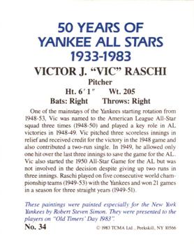 1983 TCMA 50 Years of New York Yankees All-Stars Large #34 Vic Raschi Back