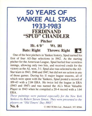 1987 CMC 1983 TCMA 50 Years of New York Yankees All-Stars #6 Spud Chandler Back