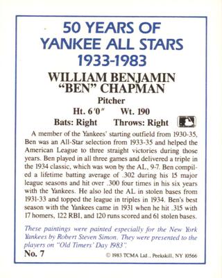 1987 CMC 1983 TCMA 50 Years of New York Yankees All-Stars #7 Ben Chapman Back