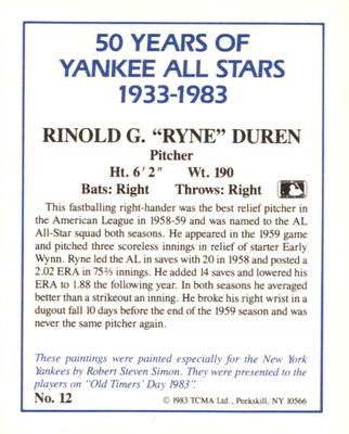 1987 CMC 1983 TCMA 50 Years of New York Yankees All-Stars #12 Ryne Duren Back