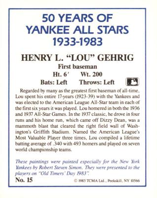 1987 CMC 1983 TCMA 50 Years of New York Yankees All-Stars #15 Lou Gehrig Back