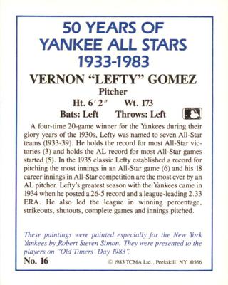 1987 CMC 1983 TCMA 50 Years of New York Yankees All-Stars #16 Lefty Gomez Back