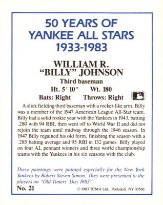 1987 CMC 1983 TCMA 50 Years of New York Yankees All-Stars #21 Billy Johnson Back