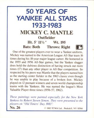 1987 CMC 1983 TCMA 50 Years of New York Yankees All-Stars #26 Mickey Mantle Back