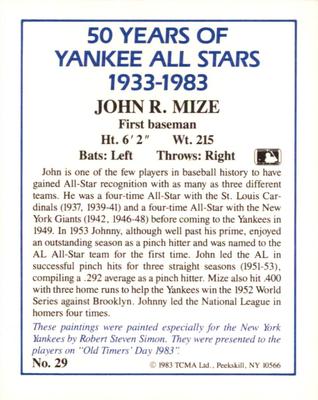 1987 CMC 1983 TCMA 50 Years of New York Yankees All-Stars #29 Johnny Mize Back