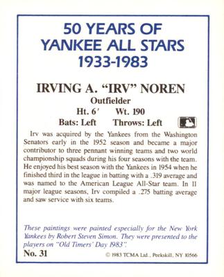 1987 CMC 1983 TCMA 50 Years of New York Yankees All-Stars #31 Irv Noren Back