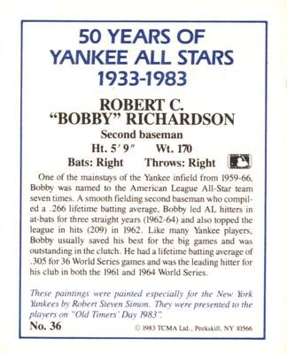 1987 CMC 1983 TCMA 50 Years of New York Yankees All-Stars #36 Bobby Richardson Back