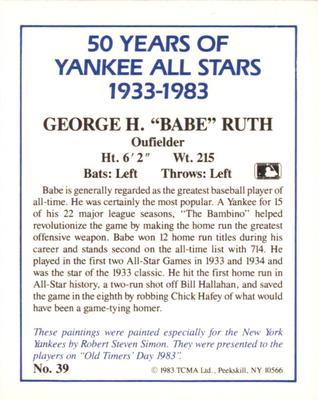 1987 CMC 1983 TCMA 50 Years of New York Yankees All-Stars #39 Babe Ruth Back