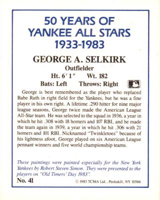 1987 CMC 1983 TCMA 50 Years of New York Yankees All-Stars #41 George Selkirk Back