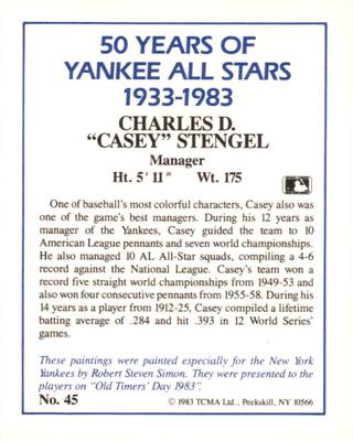 1987 CMC 1983 TCMA 50 Years of New York Yankees All-Stars #45 Casey Stengel Back