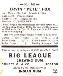 1973 TCMA 1938 Goudey Heads-Up (R323) (reprint) #242 Ervin Fox Back
