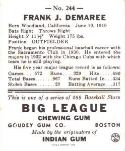 1973 TCMA 1938 Goudey Heads-Up (R323) (reprint) #244 Frank Demaree Back