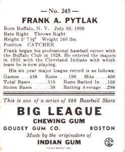 1973 TCMA 1938 Goudey Heads-Up (R323) (reprint) #245 Frank Pytlak Back