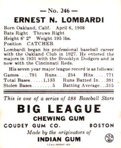 1973 TCMA 1938 Goudey Heads-Up (R323) (reprint) #246 Ernie Lombardi Back