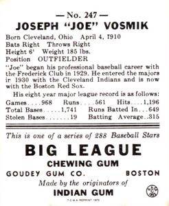 1973 TCMA 1938 Goudey Heads-Up (R323) (reprint) #247 Joe Vosmik Back