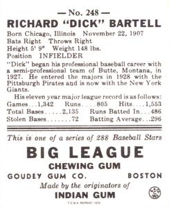 1973 TCMA 1938 Goudey Heads-Up (R323) (reprint) #248 Dick Bartell Back