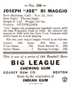1973 TCMA 1938 Goudey Heads-Up (R323) (reprint) #250 Joe DiMaggio Back