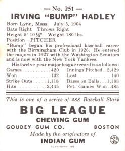 1973 TCMA 1938 Goudey Heads-Up (R323) (reprint) #251 Bump Hadley Back