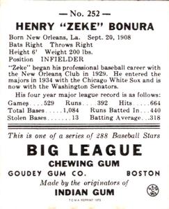1973 TCMA 1938 Goudey Heads-Up (R323) (reprint) #252 Zeke Bonura Back