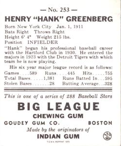 1973 TCMA 1938 Goudey Heads-Up (R323) (reprint) #253 Hank Greenberg Back