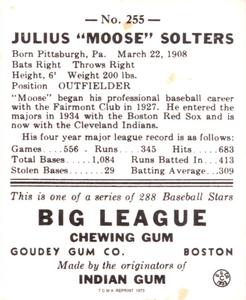 1973 TCMA 1938 Goudey Heads-Up (R323) (reprint) #255 Julius Solters Back