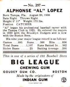 1973 TCMA 1938 Goudey Heads-Up (R323) (reprint) #257 Al Lopez Back