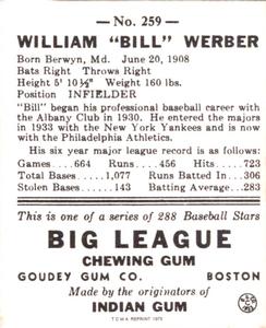1973 TCMA 1938 Goudey Heads-Up (R323) (reprint) #259 Bill Werber Back