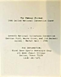 1986 National Sports Collectors Convention Promo #7 The Famous Chicken Back