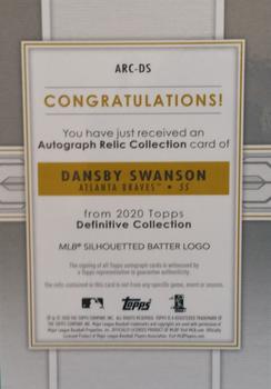 2020 Topps Definitive Collection - Autograph Relic Collection Red MLB Logo #ARC-DS Dansby Swanson Back