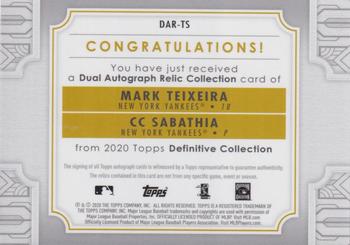 2020 Topps Definitive Collection - Dual Autographed Relic Collection Purple #DAR-TS Mark Teixeira / CC Sabathia Back